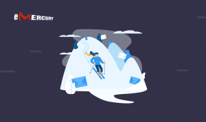 A stylized digital illustration showcasing a figure scaling a mountain made out of envelopes, representing the concept of conquering the challenges of email deliverability during the holidays.