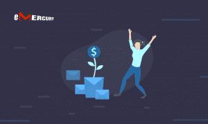 A person jubilantly raises their arms next to a growth chart with a plant sprouting a dollar sign, symbolizing email marketing profits or success, possibly in the context of email marketing given the envelopes