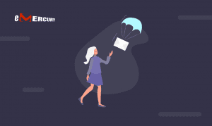 Digital communication in flight: a woman releases an envelope that transforms into a flock of abstract digital birds, symbolizing the swift and dynamic nature of re-engagement email messaging in the modern world.