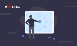 A person managing their email communications through behavior triggered email marketing, portrayed metaphorically as interacting with a giant tablet interface, emphasizing the importance of digital connectivity in the modern world.