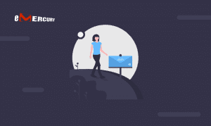 A person standing next to a presentation board with an email symbol inside a chat bubble graphic, symbolizing online communication or marketing, set against a stylized digital background with a large circular element suggesting a spotlight