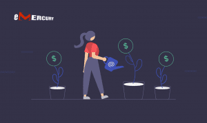 A woman digital marketing professional nurturing email campaigns represented as plants growing dollar signs, symbolizing the growth of revenue through affiliate marketing strategies.