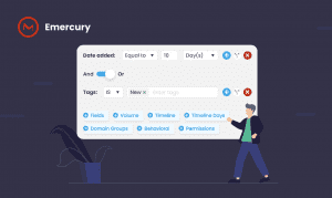 A man interacting with a brand new digital interface for data filtering, including options for date, tags, and various categories such as fields, volume, and permissions.
