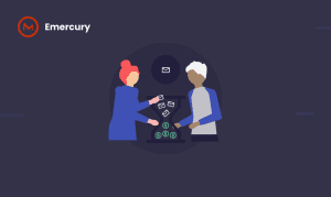 An illustration of two people placing email envelopes nto a funnel where htey convert into dollar signs. It is a symbollic representation of an email conversion rate.