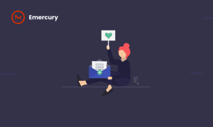 An illustration of a woman sitting with an envelope and holding a heart-sign... symbollic representation of how you boost email engagement