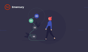 Illustration of girl standing next to a chain of email icons. Symbolizes behavioral targeting in email marketing