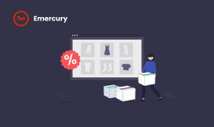 black friday sales symbollized with an illustration of a woman moving packages in front of a large panel with a big percentage badge on it