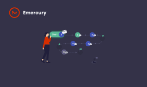 Woman standing in front of 6 numbered and connected circles with an email envelope on them. Signifies the concept of an email sequence.