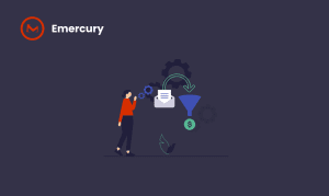 Illustration of a woman standing in front of an email envelope with other symbols around it (funnel, dollar sign, automation symbol)... all symbolizing the idea of lead conversion with email