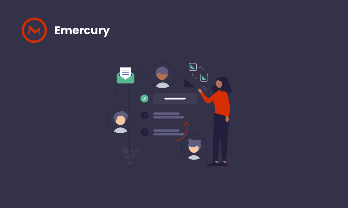 a woman standing in front of assorted symbols representing all the things involved in email list management