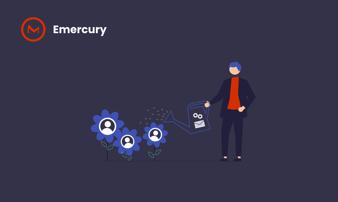  a man watering flowers with a "persona" icon. Symbolically represents lead nurturing as a concept