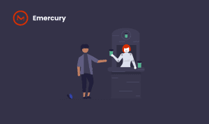 An illustration of a female robot serving drinking cups to a customer - a symbolic representation for the concept of "B2C marketing automation"