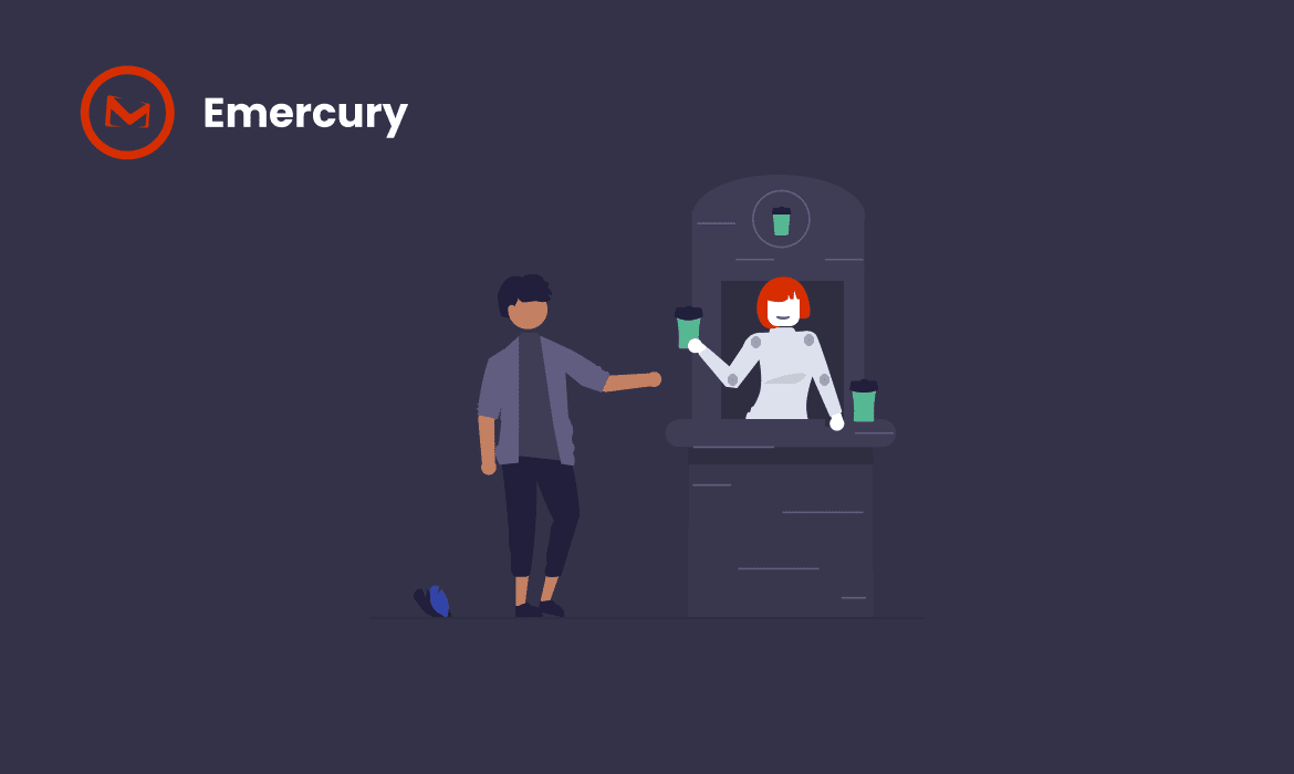  a female robot serving drinking cups to a customer - a symbolic representation for the concept of "B2C marketing automation"