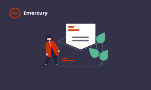 A symbollic illustration of a woman standing next to an envelope with a plant growing next to it. Represent the concept of growing your business when you create email newsletter