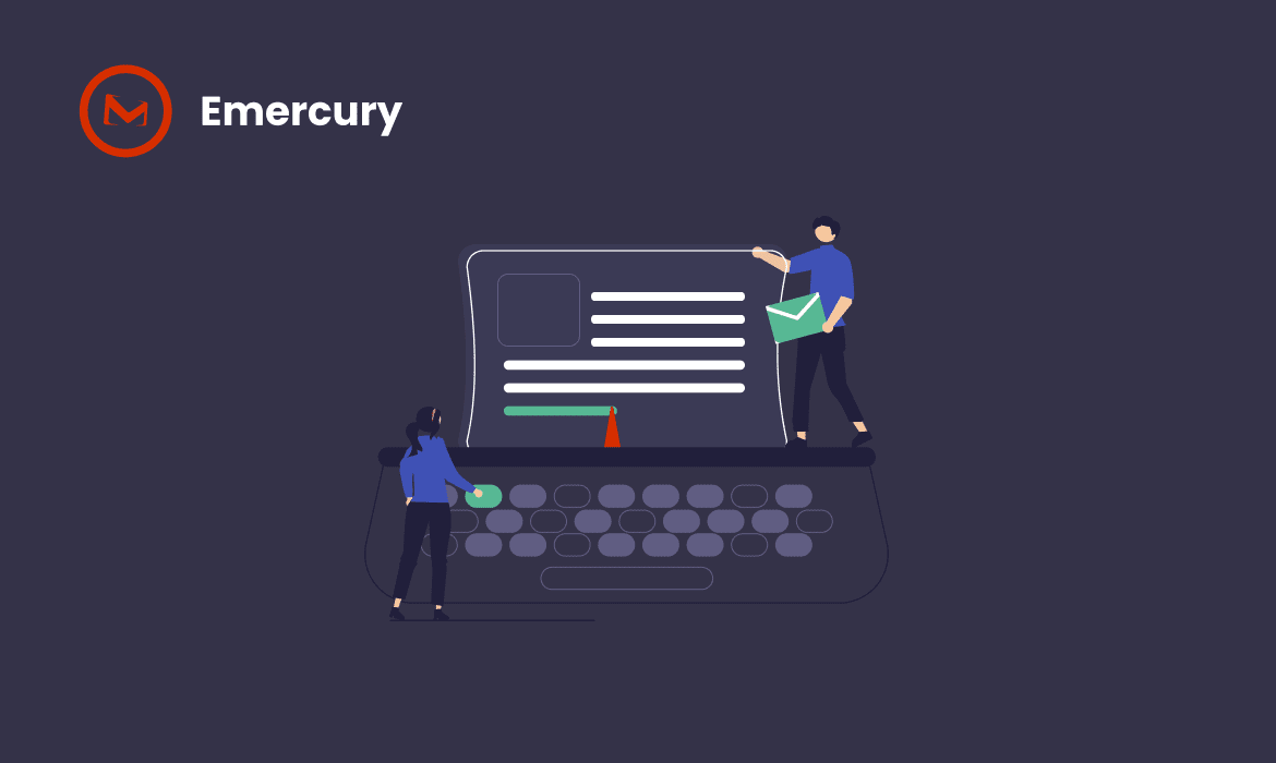 An illustration of a typewriter with an email coming out of it. Symbolic representation for the concept of writing marketing emails.
