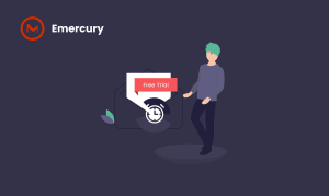 A person standing in front of an envelope with a "free trial" banner on top of it. Representing free trial email as a concept.